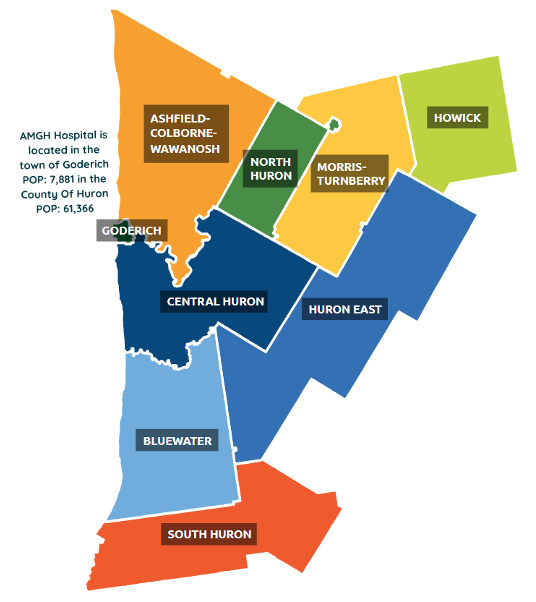: map of Huron County with municipalities, includes population of Town of Goderich and Huron County